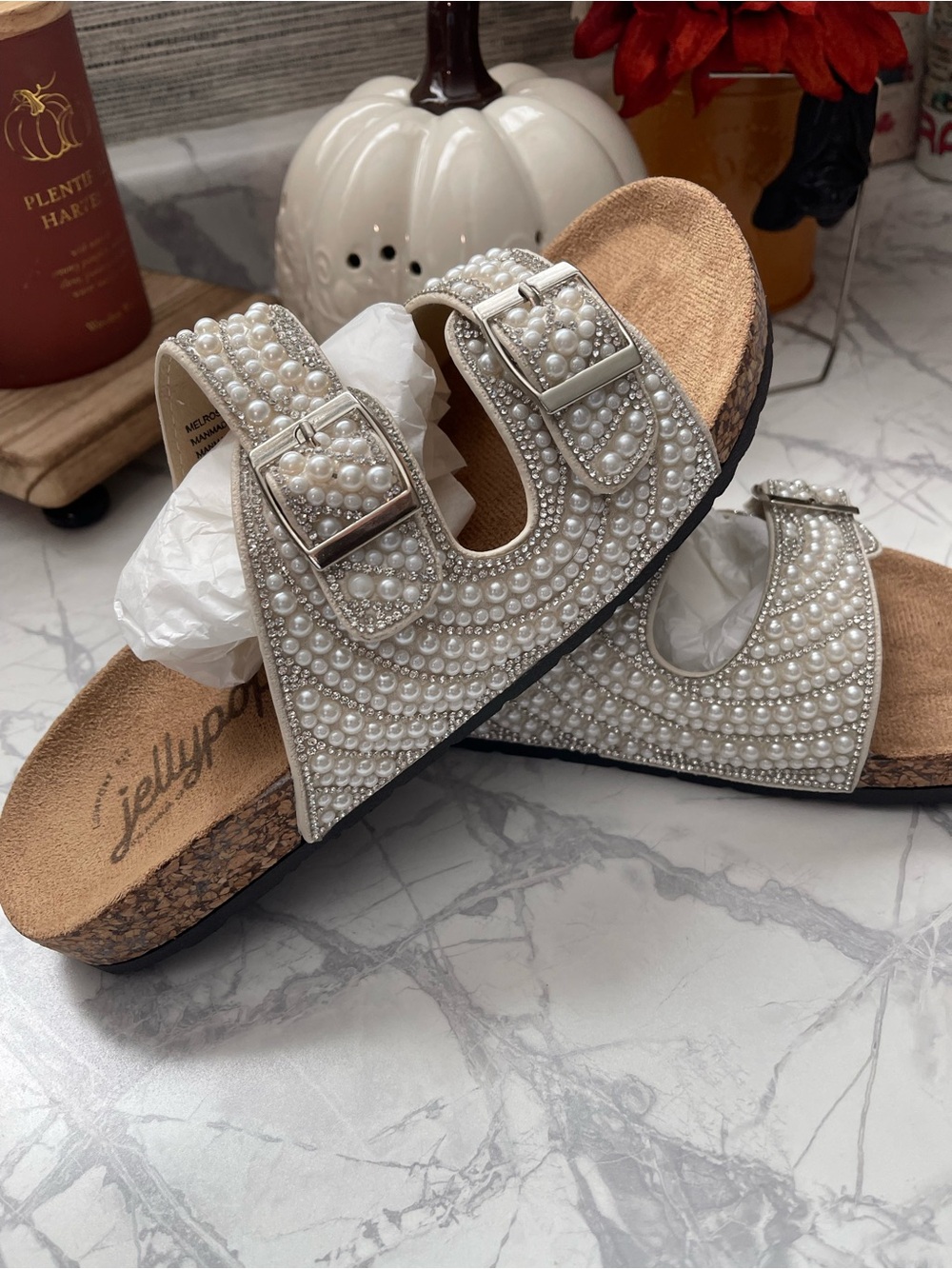 Jellypop White Pearl And Rhinestone Embellished Double Buckle Sandals NIB - Picture 9 of 9